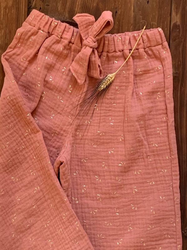 Pantalone a palazzo con fiocco ed elastico in vita in mussolina di cotone certificata OEKO-TEX