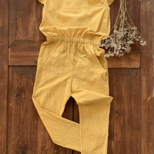 Tuta bambina- smanicata con rouches-coulisse in vita-pantalone lungo, in tessuto plumetis di cotone certificato OEKO-TEX