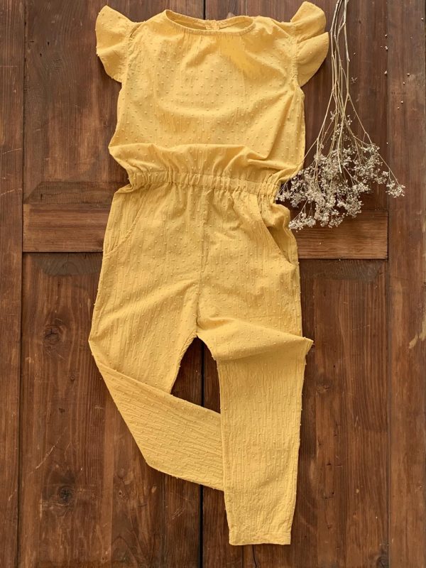 Tuta bambina- smanicata con rouches-coulisse in vita-pantalone lungo, in tessuto plumetis di cotone certificato OEKO-TEX