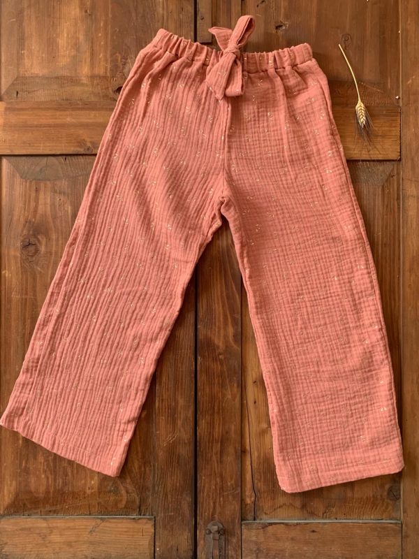 Pantalone a palazzo con fiocco ed elastico in vita in mussolina di cotone certificata OEKO-TEX