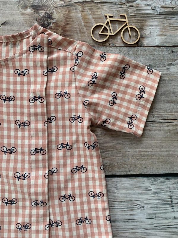 Camicia neonato/a vichy con biciclette maniche corte con chiusura laterale e girocollo, in cotone - immagine 2