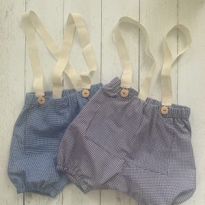 Pantalone neonato/a stile bloomer a palloncino con bretelle regolabili in cotone
