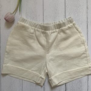 Pantalone corto panna con elastico in vita e tasche laterali, in tessuto lino-viscosa