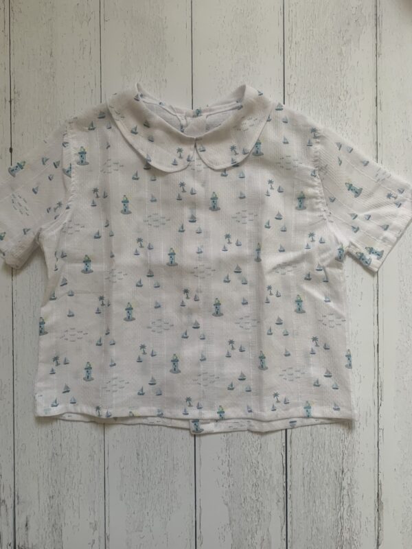 Camicia bianca con palme e fari in cotone- colletto tondo -maniche corte