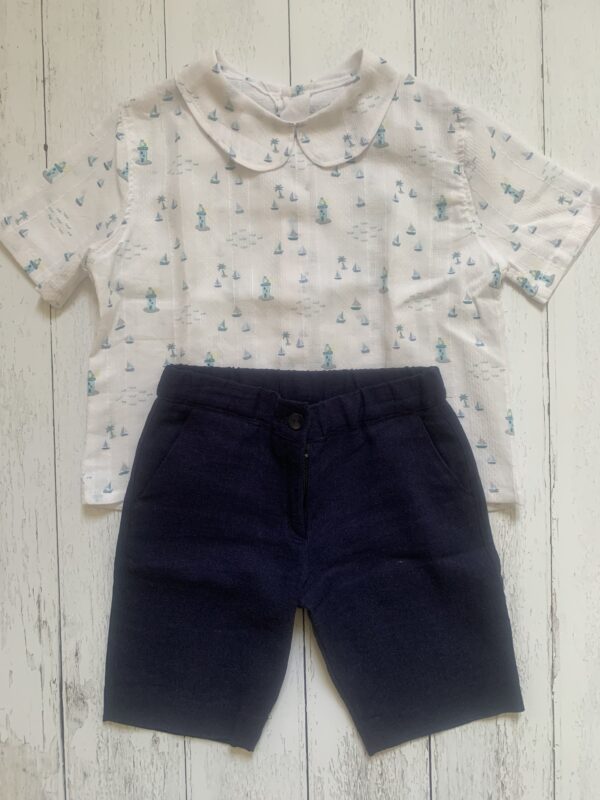 Camicia bianca con palme e fari in cotone- colletto tondo -maniche corte - immagine 8