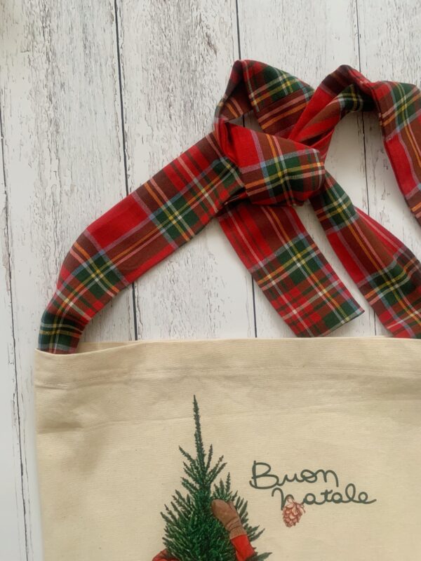 Tote bag Natale in cotone canavs con nastro in tartan - immagine 2