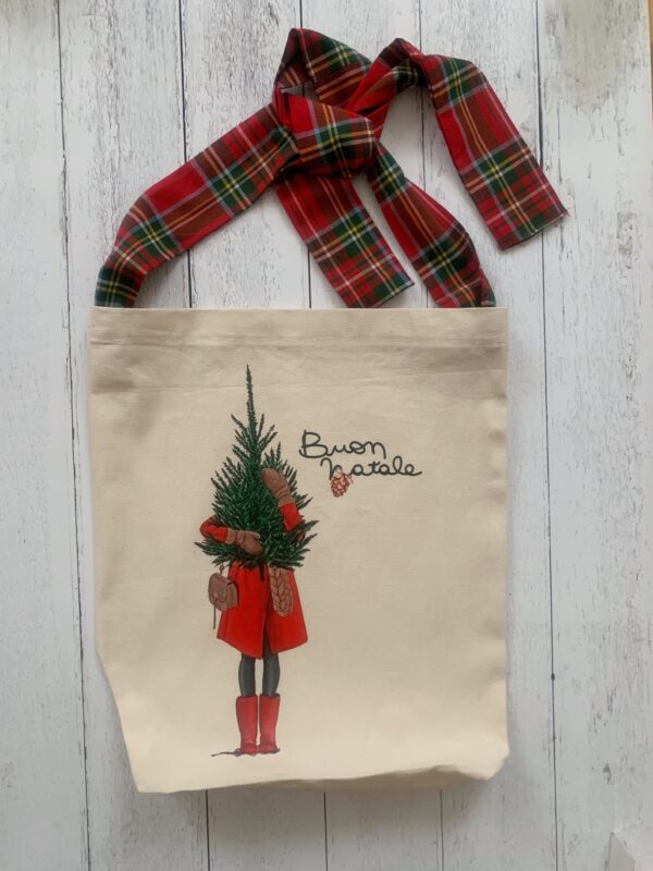 Tote bag Natale in cotone canavs con nastro in tartan - immagine 3