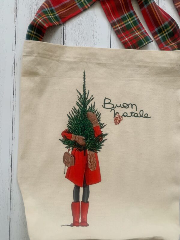 Tote bag Natale in cotone canavs con nastro in tartan - immagine 4