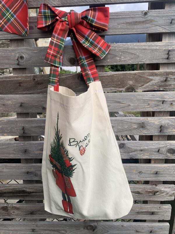 Tote bag Natale in cotone canavs con nastro in tartan