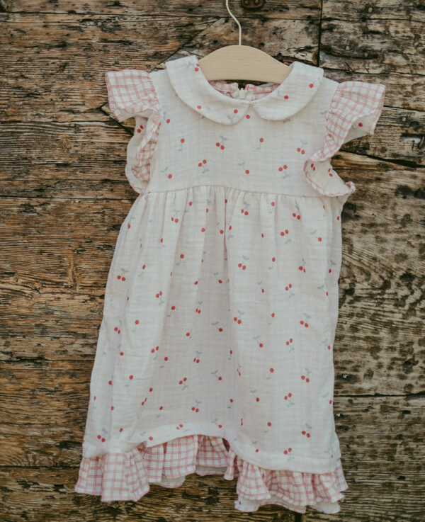 Vestito cotone mussola doppia garza con tessuto ciliegie double face